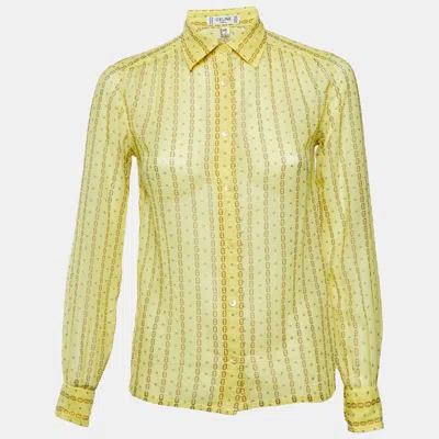 Pre-owned Celine Vintage Yellow Chain Print Cotton Sheer Shirt M