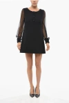 Celine Virgin Wool Sheath Dress With Sheer Sleeves In Black