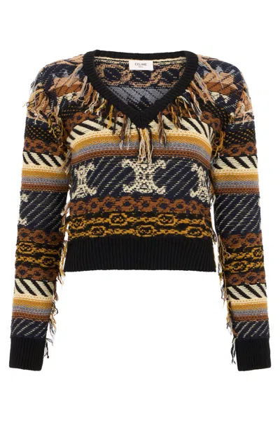 Celine Sweater With V-neck In Cashmere Jacquard In Multi