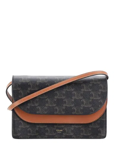 Pre-owned Celine Wallet On Strap Triomphe Coated Canvas Crossbody Bag In Brown