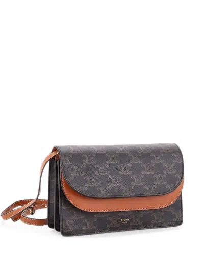 Pre-owned Celine Wallet On Strap Triomphe Coated Canvas Crossbody Bag In Brown