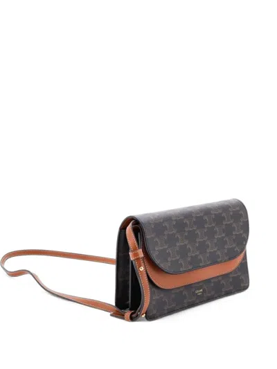 Pre-owned Celine Wallet On Strap Triomphe Coated Canvas Crossbody Bag In Brown