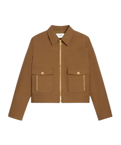 Celine Western Blouson Jacket In Cotton Twill In Brown