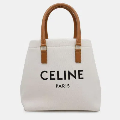 Pre-owned Celine White And Brown Canvas And Leather Horizontal Cabas Tote Bag