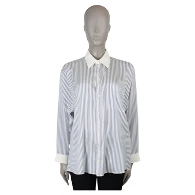 Pre-owned Celine White Blue Silk 2022 Striped Oversized Shirt 38 S