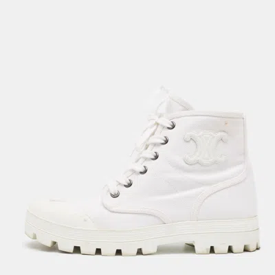 Pre-owned Celine White Canvas Combat Boots Size 37