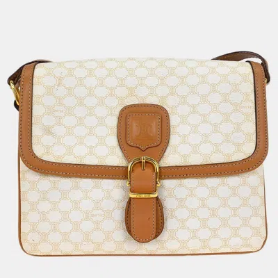 Pre-owned Celine White Canvas Leather Macadam Shoulder Bag In Brown