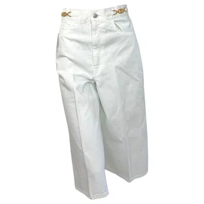 Pre-owned Celine White Cotton Denim Culotte Shorts With Gold Hardware Waist Detail Size 28