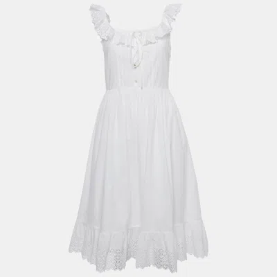 Pre-owned Celine White Cotton Floral Eyelet Frill Detail Midi Dress S