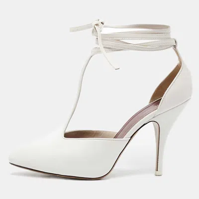 Pre-owned Celine White Leather Night Out T-strap Ankle Wrap Pumps Size 36