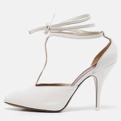 Pre-owned Celine White Leather Night Out T-strap Ankle Wrap Sandals Size 37.5