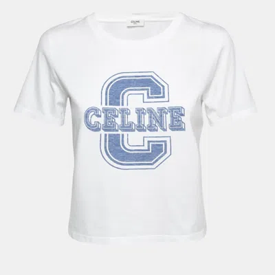 Pre-owned Celine White Logo Print Cotton Crew Neck T-shirt Xs