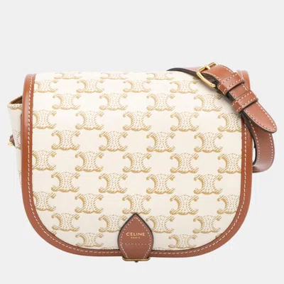 Pre-owned Celine White Medium Triomphe Coated Canvas Folco Crossbody