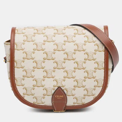 Pre-owned Celine White Medium Triomphe Coated Canvas Folco Crossbody