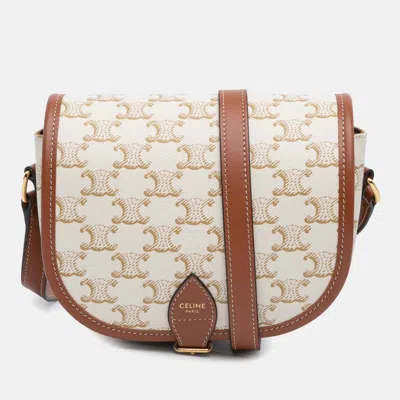 Pre-owned Celine White Medium Triomphe Coated Canvas Folco Crossbody