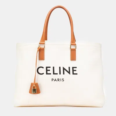 Pre-owned Celine White Small Canvas Logo Print Horizontal Cabas Tote