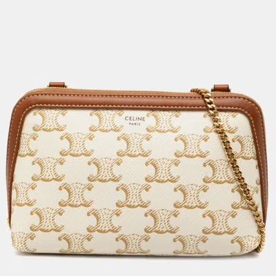Pre-owned Celine White Triomphe Coated Canvas Clutch On Chain