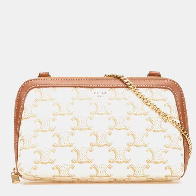 Pre-owned Celine White Triomphe Coated Canvas Clutch On Chain