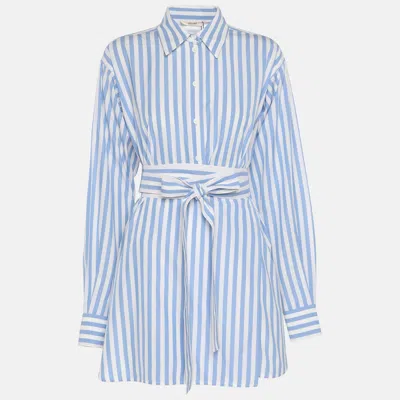 Pre-owned Celine White/blue Stripe Cotton Waist Tie Long Shirt M