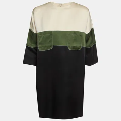 Pre-owned Celine White/green/black Satin Colorblock Shift Dress M In Multi