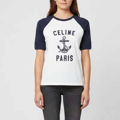 Pre-owned Celine White/navy Logo Print Jersey Raglan Sleeves Anchor T-shirt S