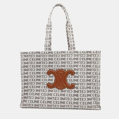 Pre-owned Celine White/tan Canvas Leather Large Triomphe Cabas Tote