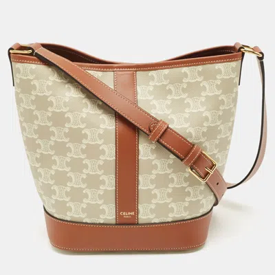 Pre-owned Celine White/tan Triomphe Canvas Small Bucket Bag