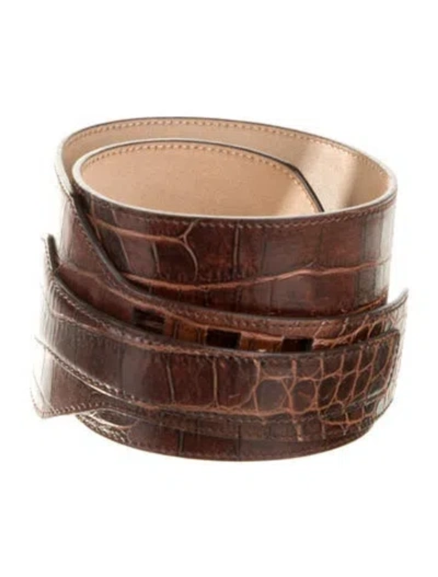 Pre-owned Celine Wide Crocodile Waist Belt In Brown