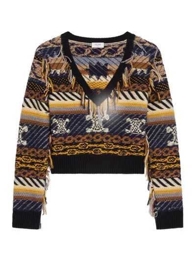 Celine Women Cashmere Jacquard V-neck Sweater In Multi