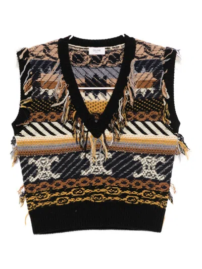 Celine Women Cashmere Jacquard V-neck Sweater In Multi