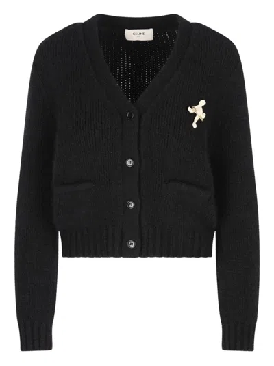 Celine Knit Top Embroidered Detail Long Sleeves V Neck In Black