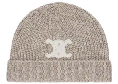 Pre-owned Celine Women's  Cashmere Embroidered Triomphe Beanie In Beige/white