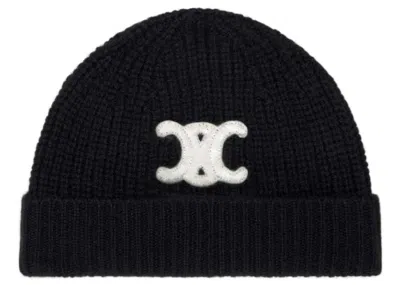 Pre-owned Celine Women's  Cashmere Embroidered Triomphe Beanie In Black