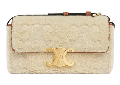 Pre-owned Celine Women's  Claude In Shearling With Triomphe Embroideries Shoulder Bag In Natural/tan