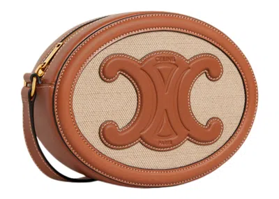 Pre-owned Celine Women's  Crossbody Oval Cuir Purse Triomphe Embroidery In Natural/tan