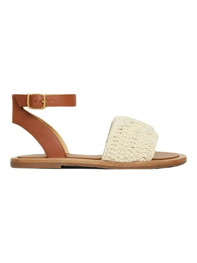 Celine Logo Flat Sandals In Beige,tan