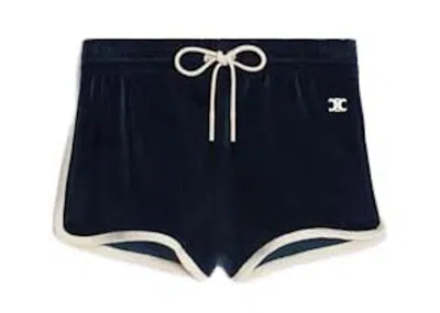 Pre-owned Celine Women's  Triomphe Velvet Jersey Mini Shorts In Midnight/off White