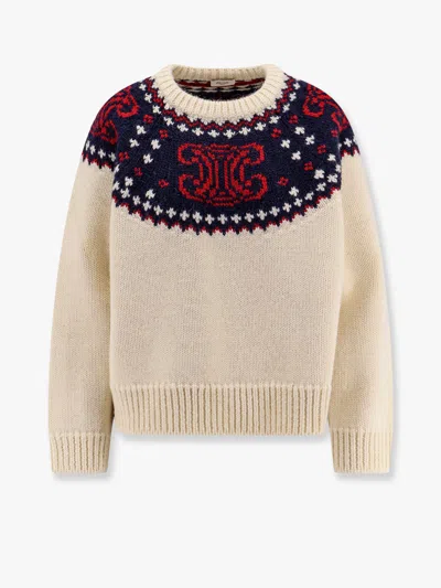 Celine Wool Crew-neck Sweater With Frontal Monogram In White