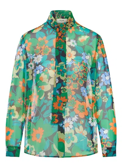 Celine Woman Shirt Emerald Green Size 8 Silk