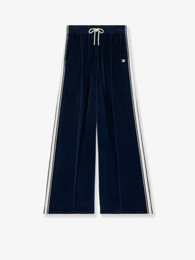 Celine Women Chenille Jogging Trousers With Triomphe Embroidery In Blue