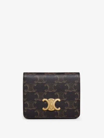 Celine Women Compact Triomphe Coated Canvas Wallet In Brown