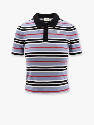 Celine Women Cotton Knit Polo Shirt With Striped Motif In Multi