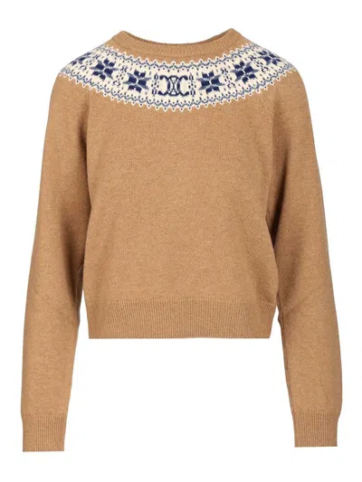 Celine Women Fair Isle Cashmere Sweater In Brown