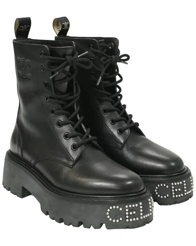 Celine Women's Leather Logo-embellished Combat Boot (authentic Pre-loved) In Black
