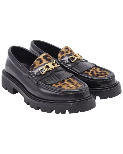 Celine Women's Leather Margaret Leopard-print Loafer (authentic Pre-loved) In Black