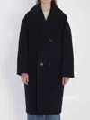 Celine Long Double-breasted Wool Peacoat With Notch Lapel In Blue