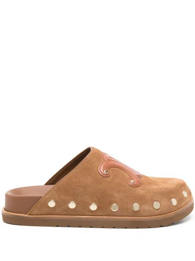 Celine Brown Triomphe Wedge Suede Leather Mules In Multi