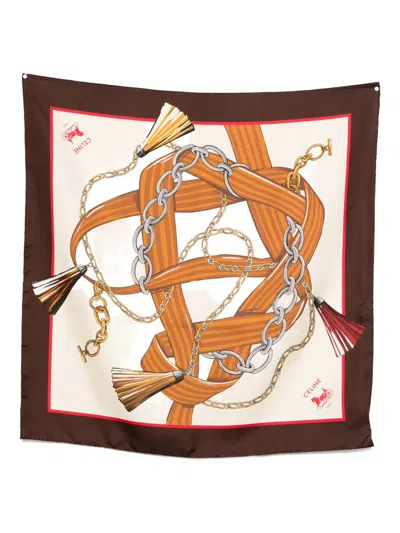 Celine Women Printed Silk Foulard In Brown