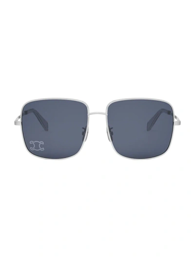 Celine Triomphe Crystal-embellished Square-frame Silver-tone Sunglasses In Shiny Palladium Blue