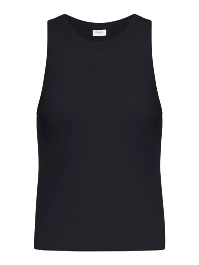 Celine Women Sleeveless Top In Ribbed Jersey With Triomphe Embroidery In Black